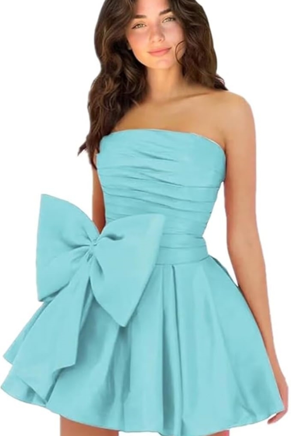 Chic Ruched Satin Short Homecoming Dresses Strapless Knee Length Party Dress with Bow
