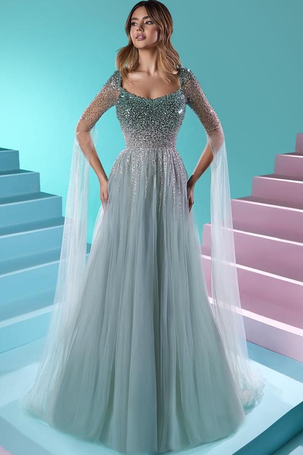Long sleeves Square eck Tulle Prom Dresses with Cape