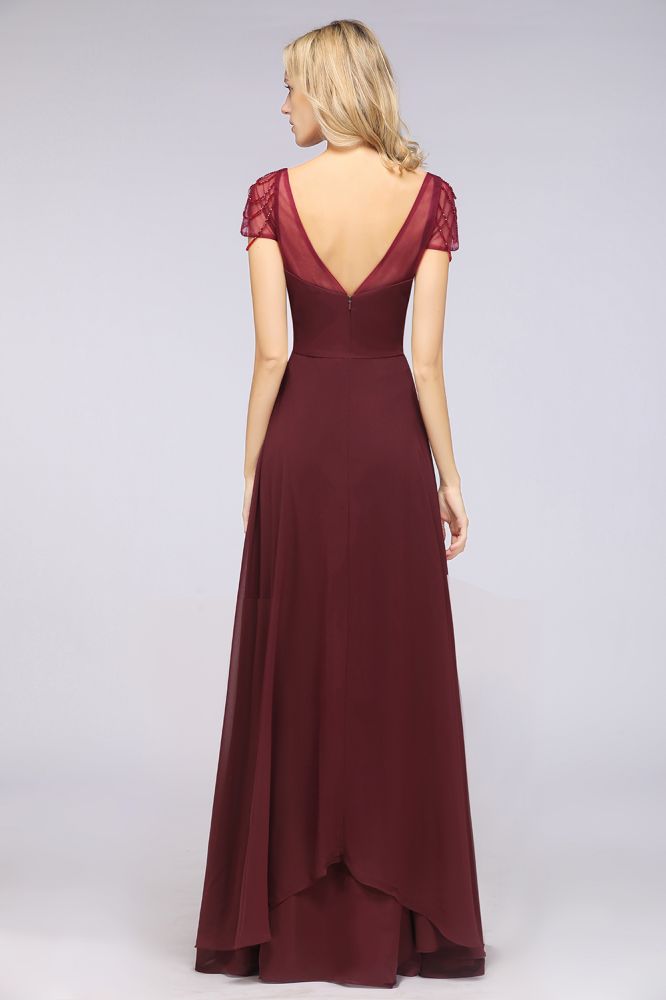 Chiffon A-Line Sweetheart Cap-Sleeves Ruffle Long Bridesmaid Dress with Beadings