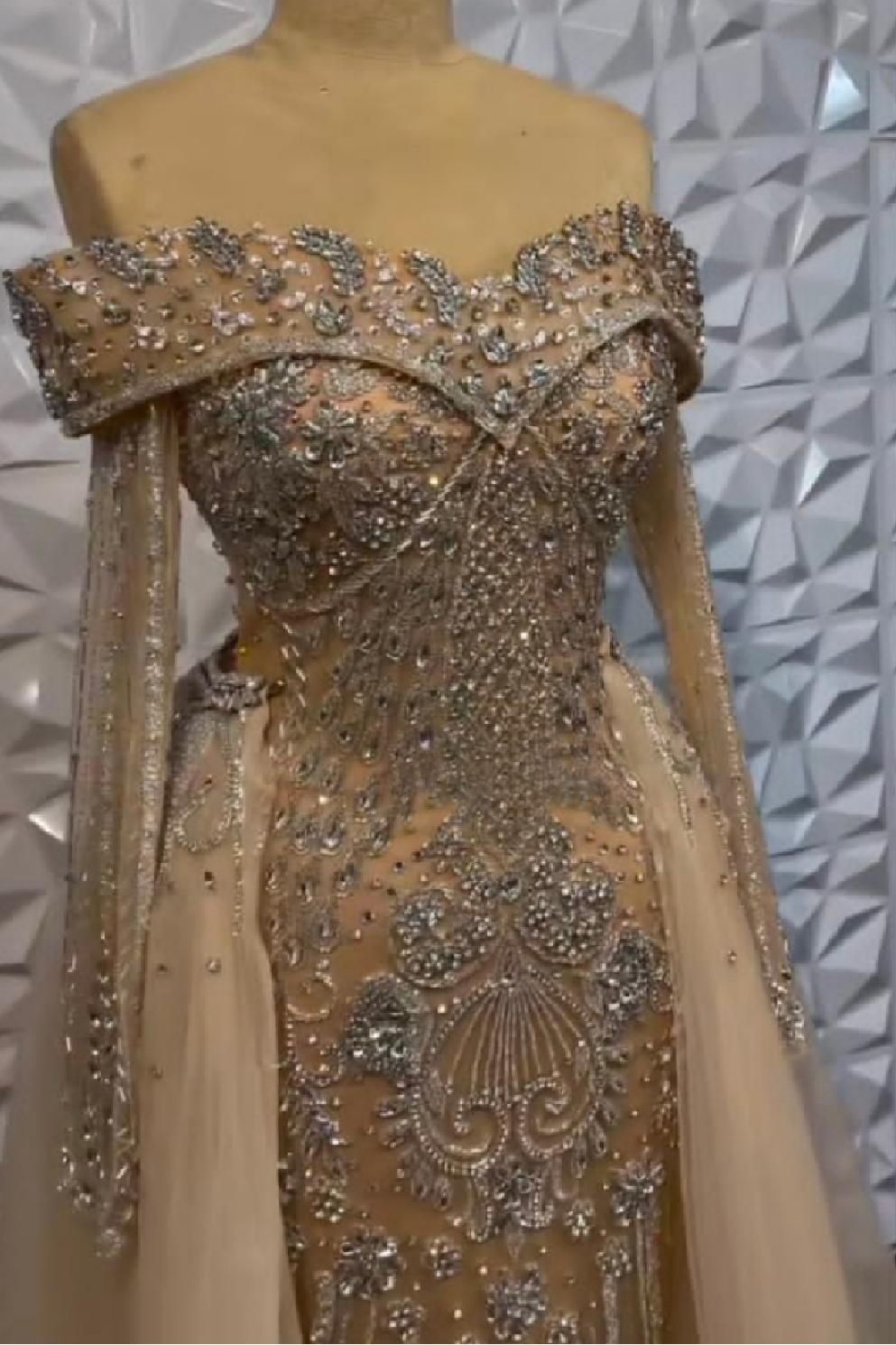 Off the Shoulder Long Sleeves Long Prom Dress With Beading Tulle