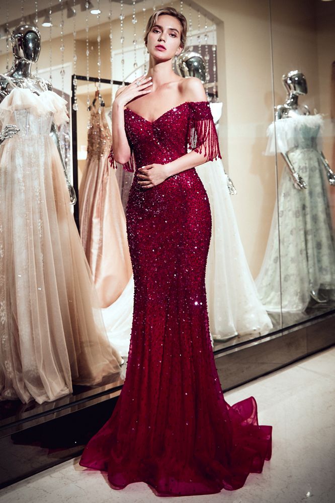 MELISSA | Mermaid Off-the-shoulder V-neck Floor Length Sequins Evening Dresses