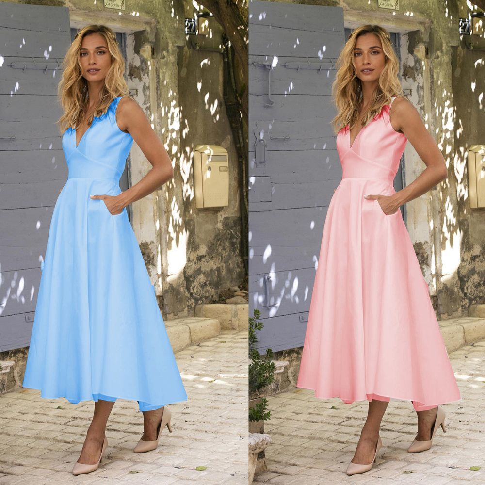 Chic Satin V-Neck Anke Length Formal Dress Sleeveless Evening Party Dress with Side Pockets Daily Wear Dress-Babyonlinewholesale