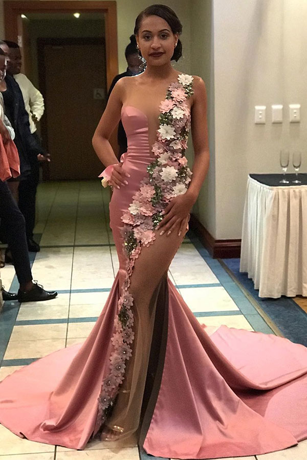 Sexy Deep V-neck Pink One shoulder Dusty See-through Pink Prom Dresses with Floral Appliques