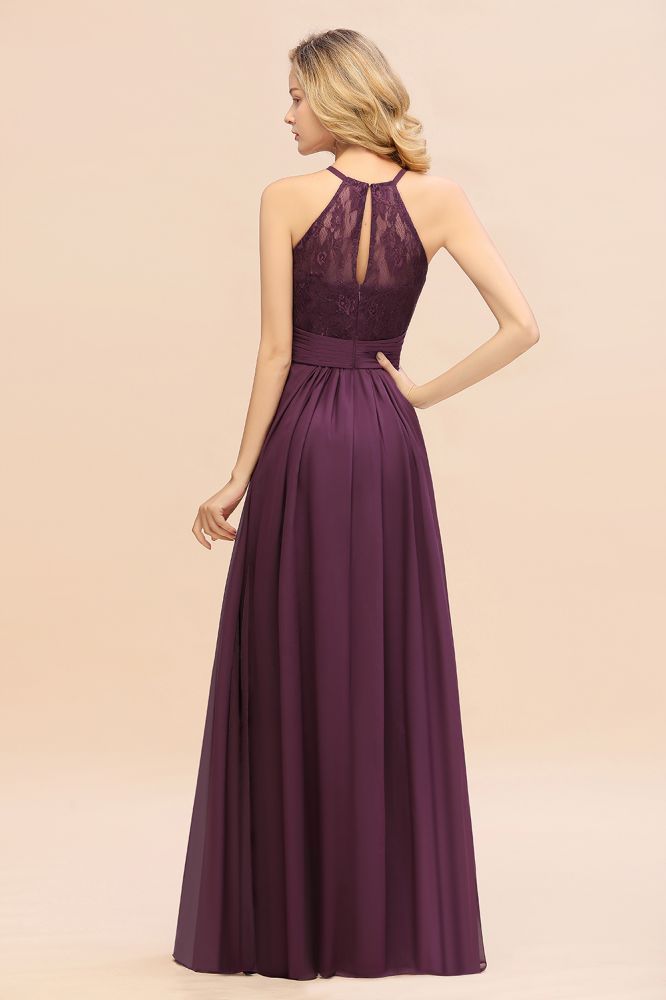 Purple Elegant Halter Hollow Lace Aline Maid of Honor Dress Floor Length Chiffon Bridesmaid Dress
