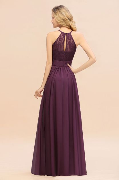 Purple Elegant Halter Hollow Lace Aline Maid of Honor Dress Floor Length Chiffon Bridesmaid Dress