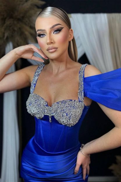 One shoudler Royal Blue Mermaid satin Prom Dresses