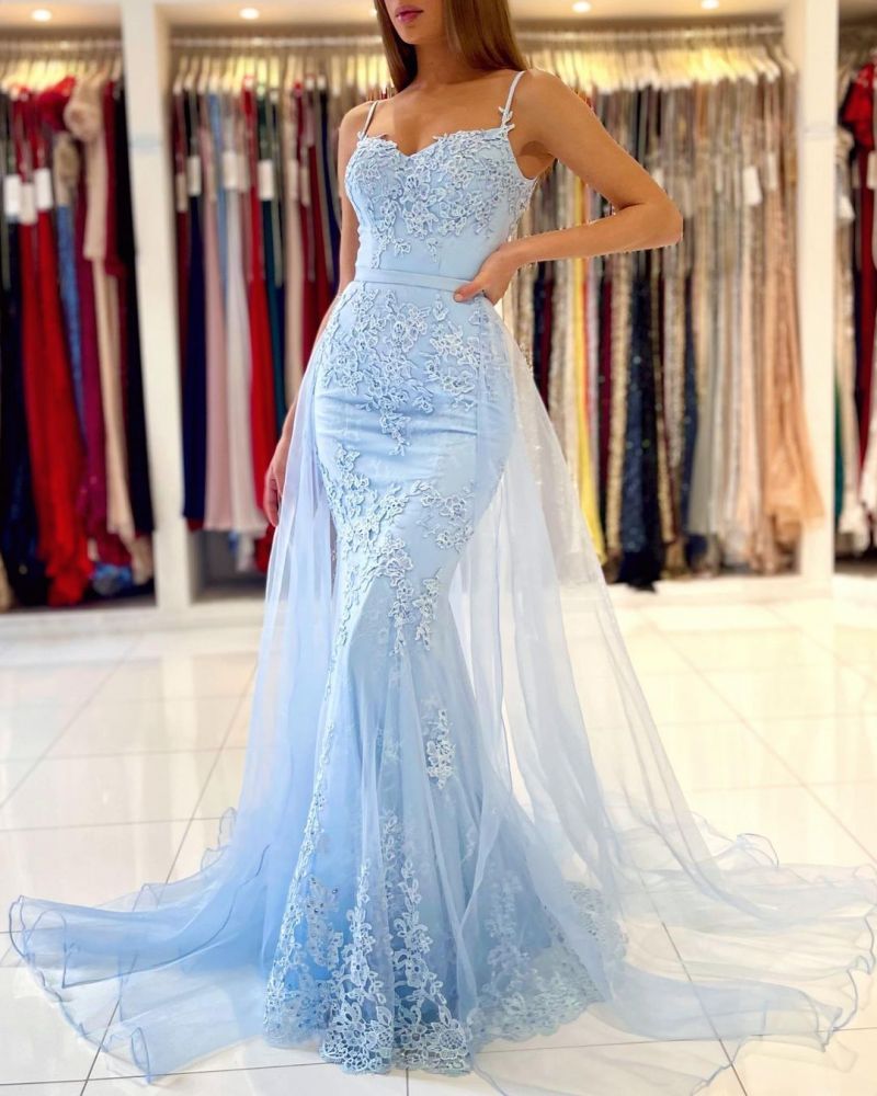 Charming Sky Blue Mermaid Maxi Evenign Dress with Floral Lace Appliques Detachable Train