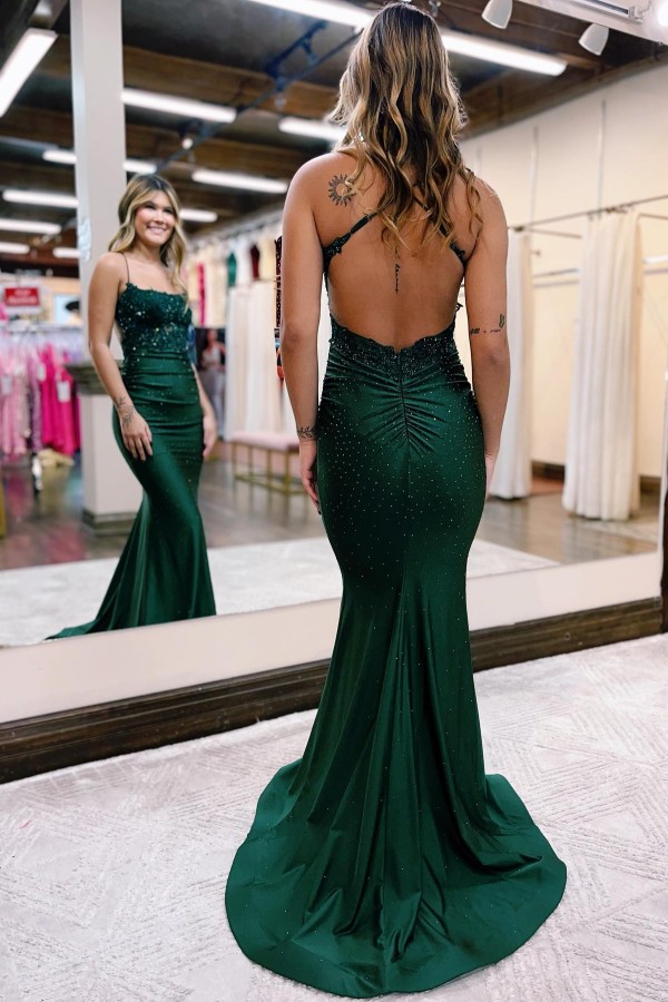 Dark Green Spaghetti Straps Beading Floor Length Prom Dress