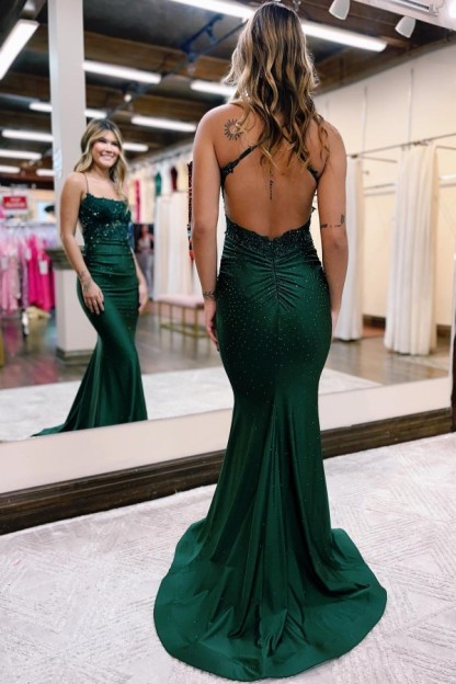 Dark Green Spaghetti Straps Beading Floor Length Prom Dress