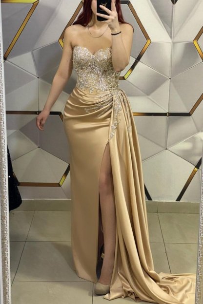 Gold Sweetheart High Split Mermaid Prom Dresses