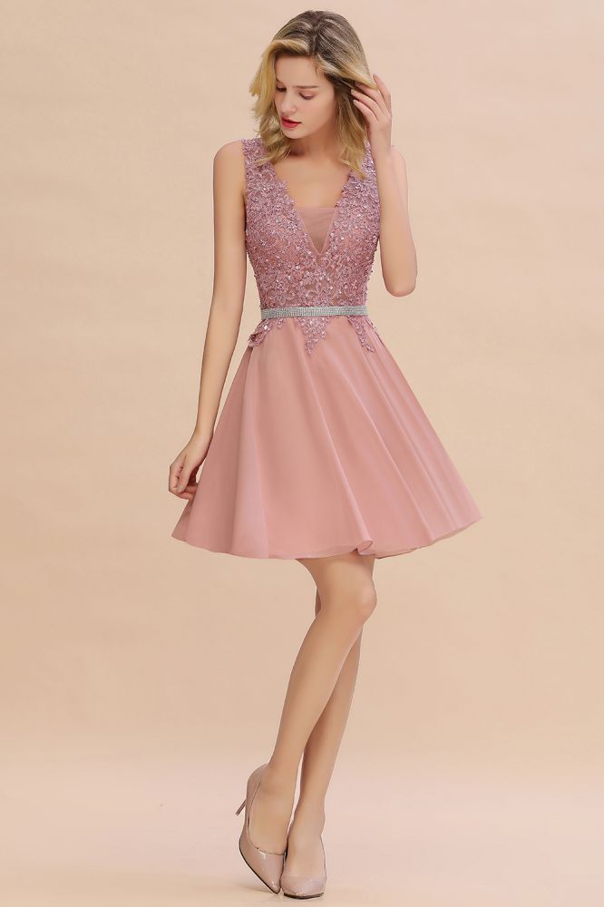 Cute Deep V-neck Short Sexy Sleeveless V-back Dusty Pink Knee length Womens Dress for Cocktail Party