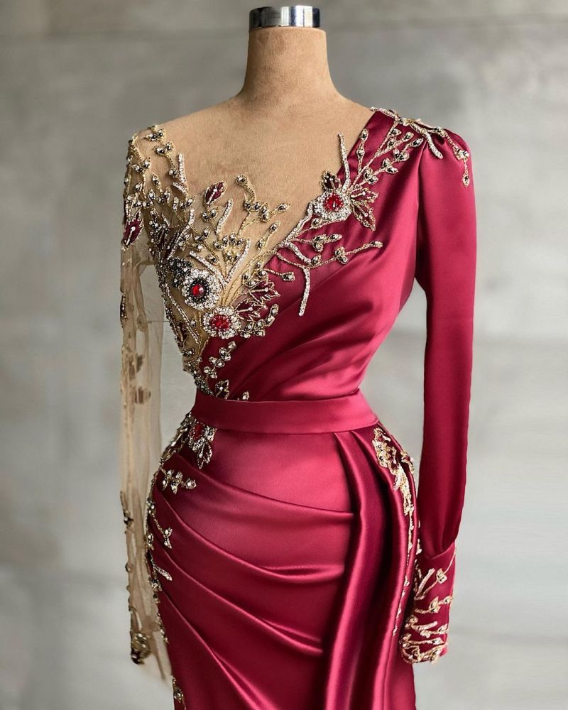 Charming Satin evening dress with Side Sweep Train | Prom dresses with long sleeves
