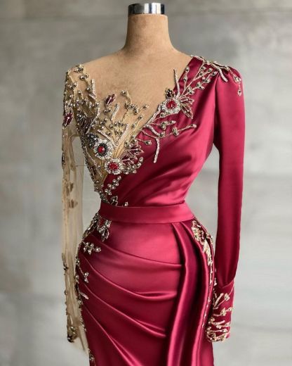 Charming Satin evening dress with Side Sweep Train | Prom dresses with long sleeves
