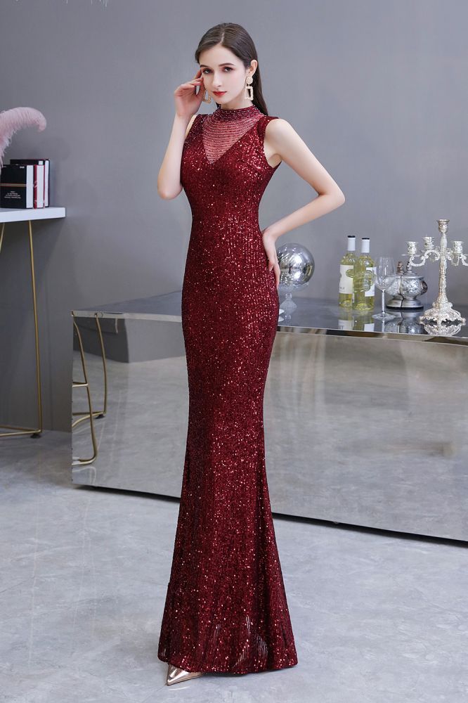 Elegant Illusion neck Burgundy Sleeveless Mermaid Prom Dress