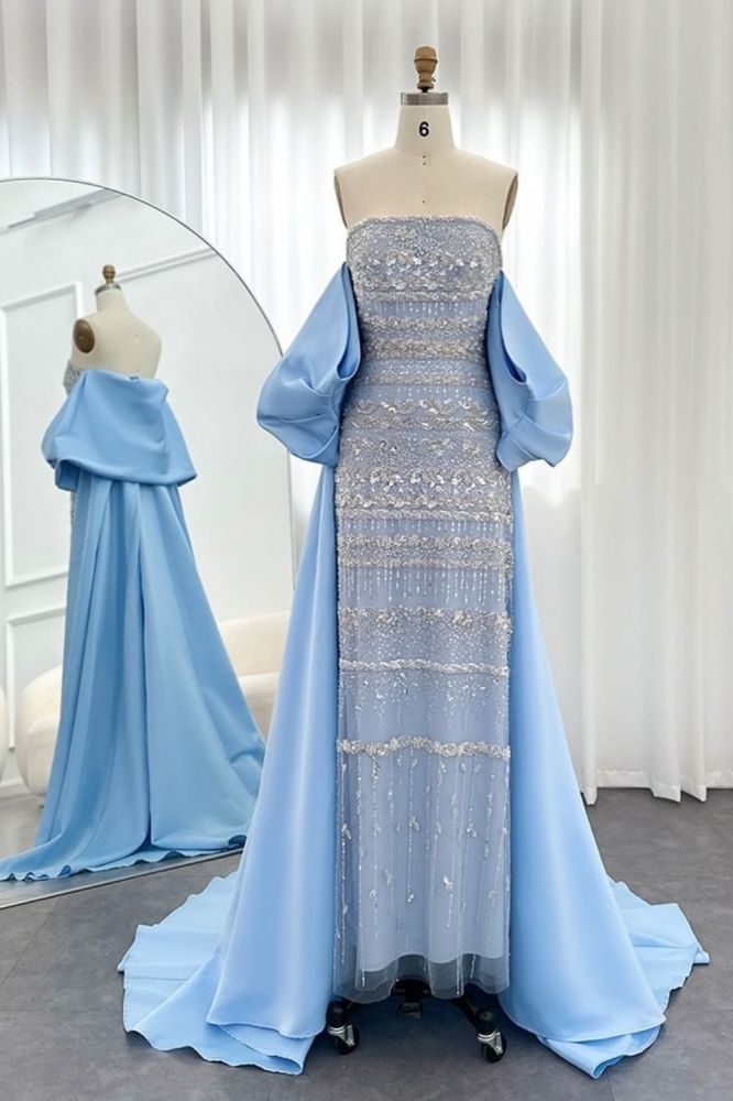 Gorgeous Strapless Glitter Beading Satin Mermaid Evening Gown with Ruffle Chapel Train