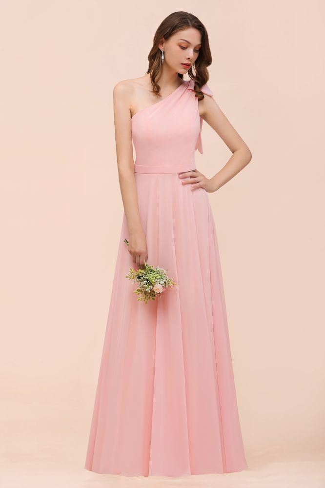 One Shoulder Soft Chiffon Bridesmaid Dress Pink Maid of Honor Dress