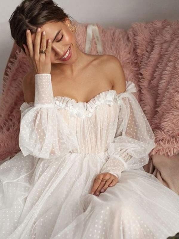 Long Bubble Sleeves Tulle Ball Gown Wedding Dresses