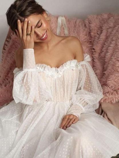 Long Bubble Sleeves Tulle Ball Gown Wedding Dresses