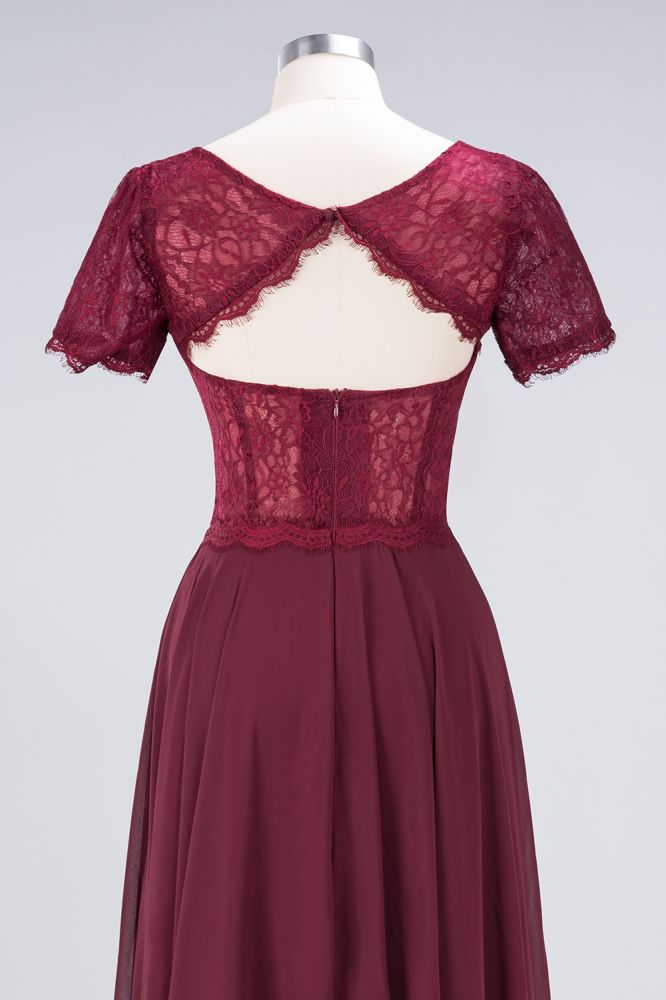 Chiffon A-Line Lace Round-Neck Short-Sleeves Long Bridesmaid Dress