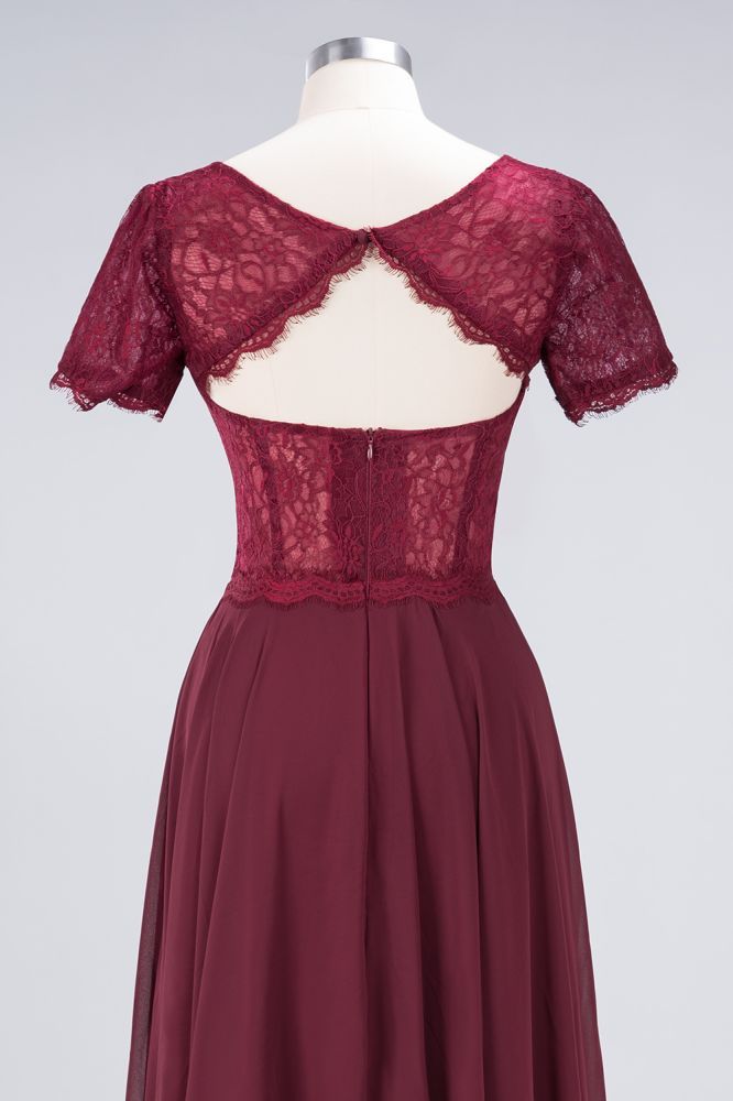 Chiffon A-Line Lace Round-Neck Short-Sleeves Long Bridesmaid Dress