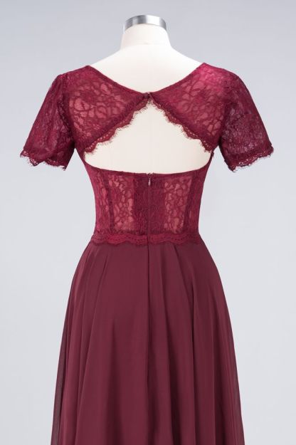 Chiffon A-Line Lace Round-Neck Short-Sleeves Long Bridesmaid Dress