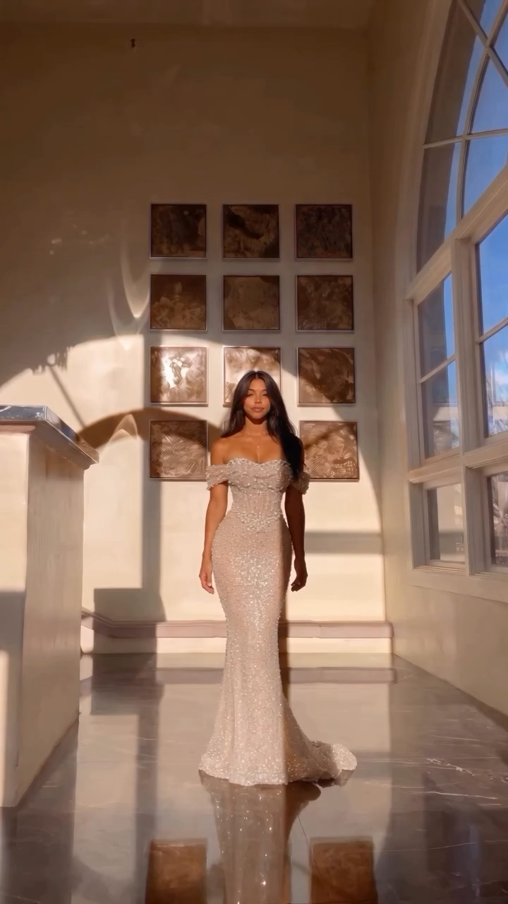 Stunning Off-the-Shoulder White Sequined Sheath Evening Dress with Pearls