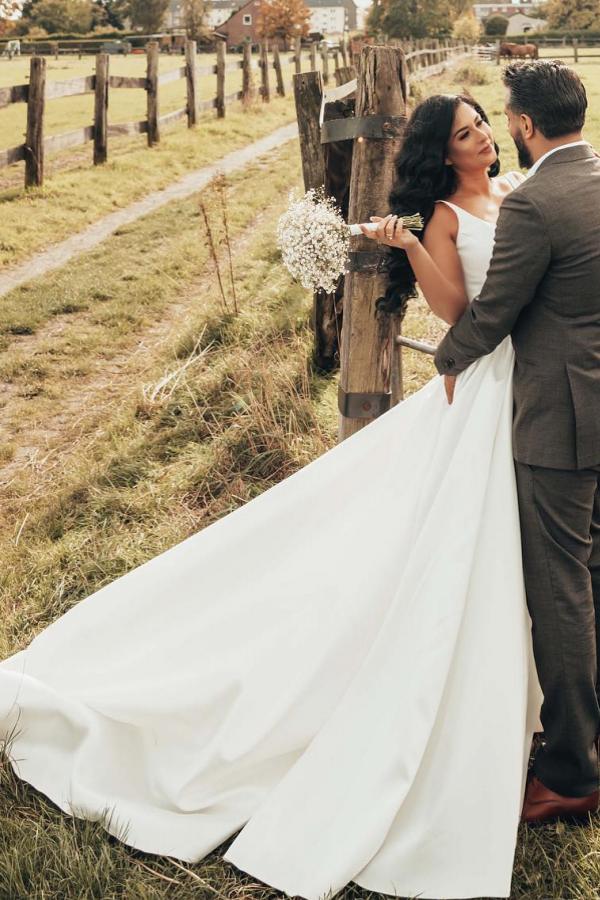 Simple style white stain long Summer wedding dress