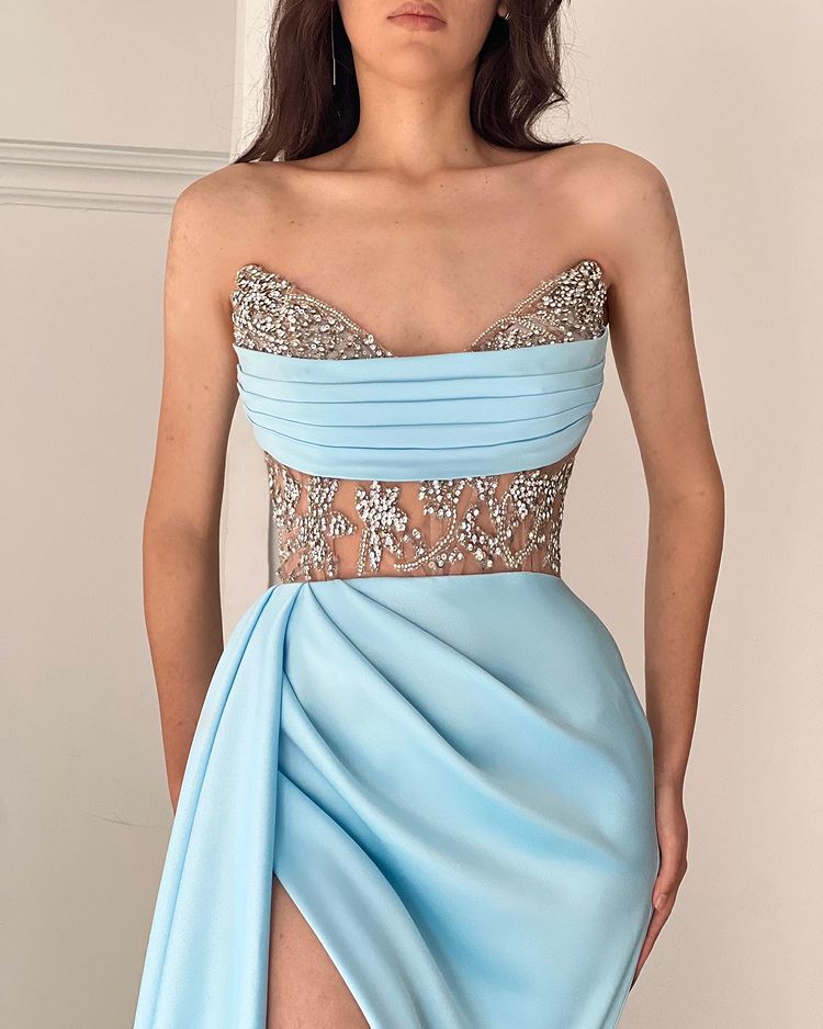 Strapless Sky blue High split Pleats Evening Dresses Long