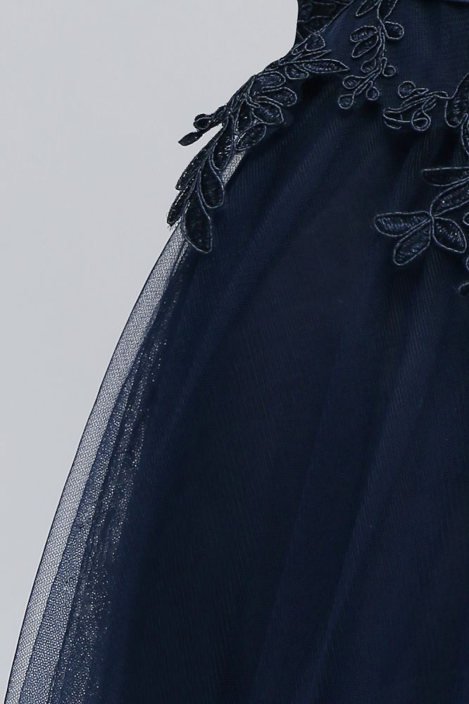 NANA | A-line Half Sleeves Floor Length Slit Appliqued Tulle Prom Dresses with Sash
