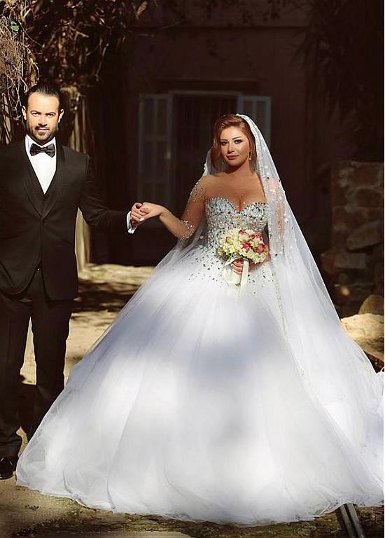 Luxury Crystals Beading Long Sleeves Ball-Gown Wedding Dresses