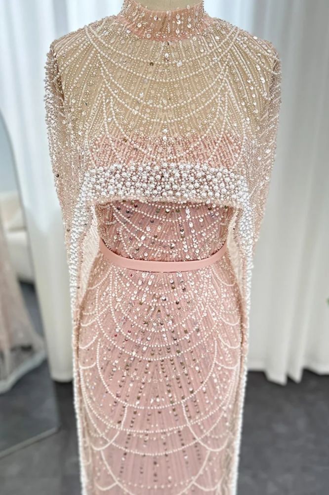 Glitter High Neck Beadings Mermaid Long Evening Dresses with Cape