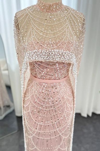 Glitter High Neck Beadings Mermaid Long Evening Dresses with Cape