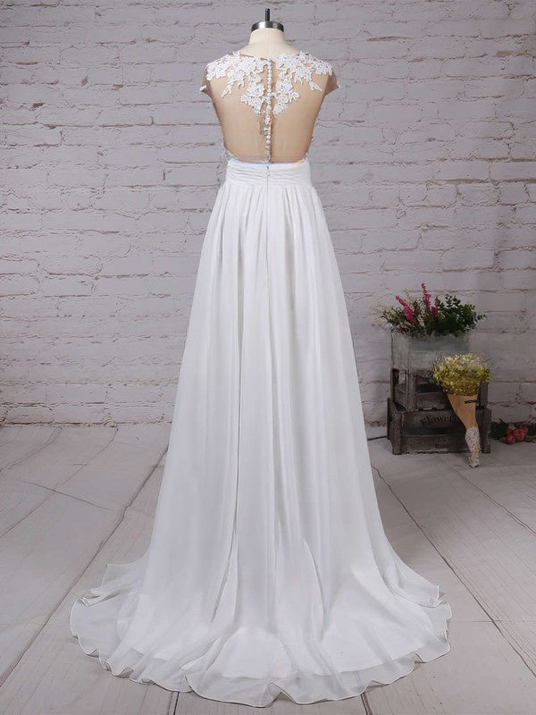 Cap sleeves High Split V-neck Lace Chiffon Wedding Dress