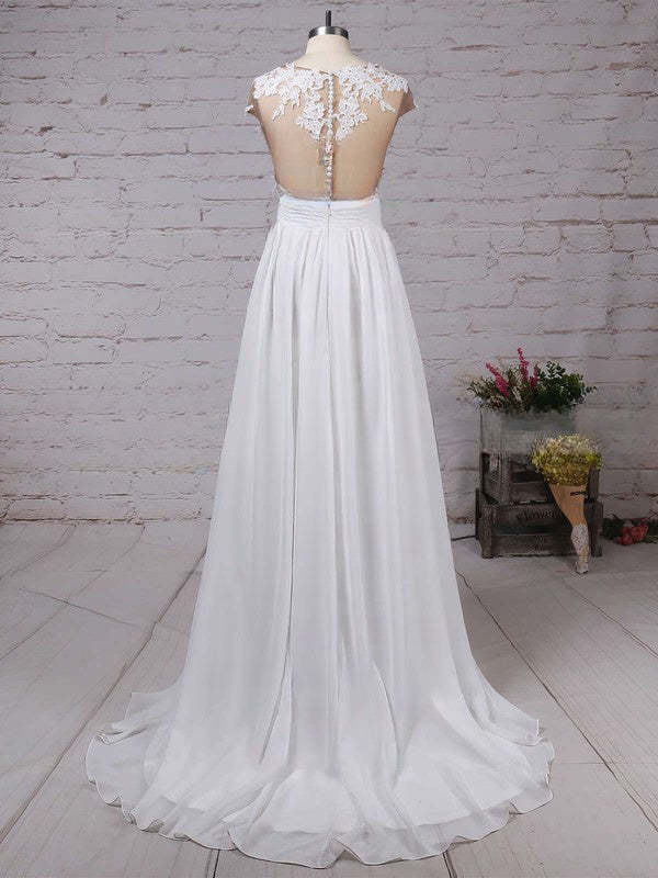 Cap sleeves High Split V-neck Lace Chiffon Wedding Dress