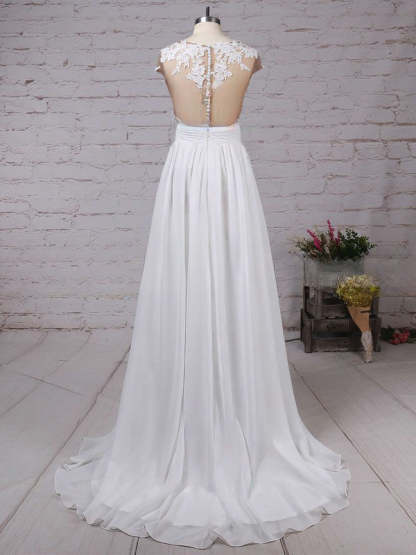 Cap sleeves High Split V-neck Lace Chiffon Wedding Dress