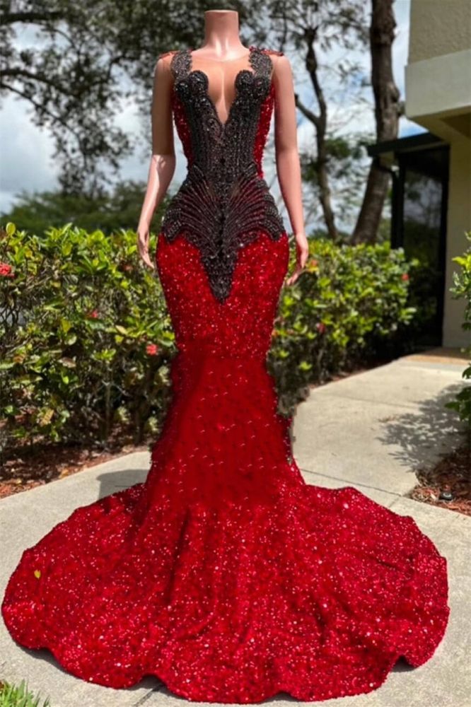 Black sequined Burgundy Floor length Prom Dresses
