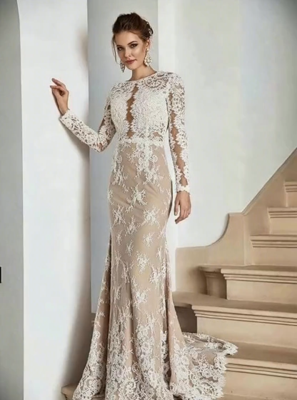 Boho White Lace Appliques Mermaid Evening Maxi Gown Long Sleeves Floor Length