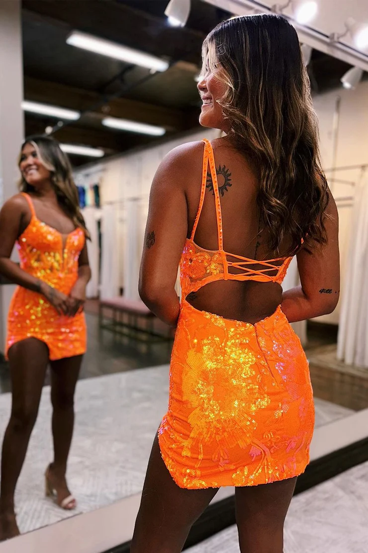 Sparkly Sequins Orange Short Homecoming Dress