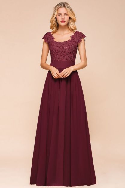 Burgundy Cap sleeves Lace Evening Gowns with Appliques | Chiffon Long Mother of the bride dress