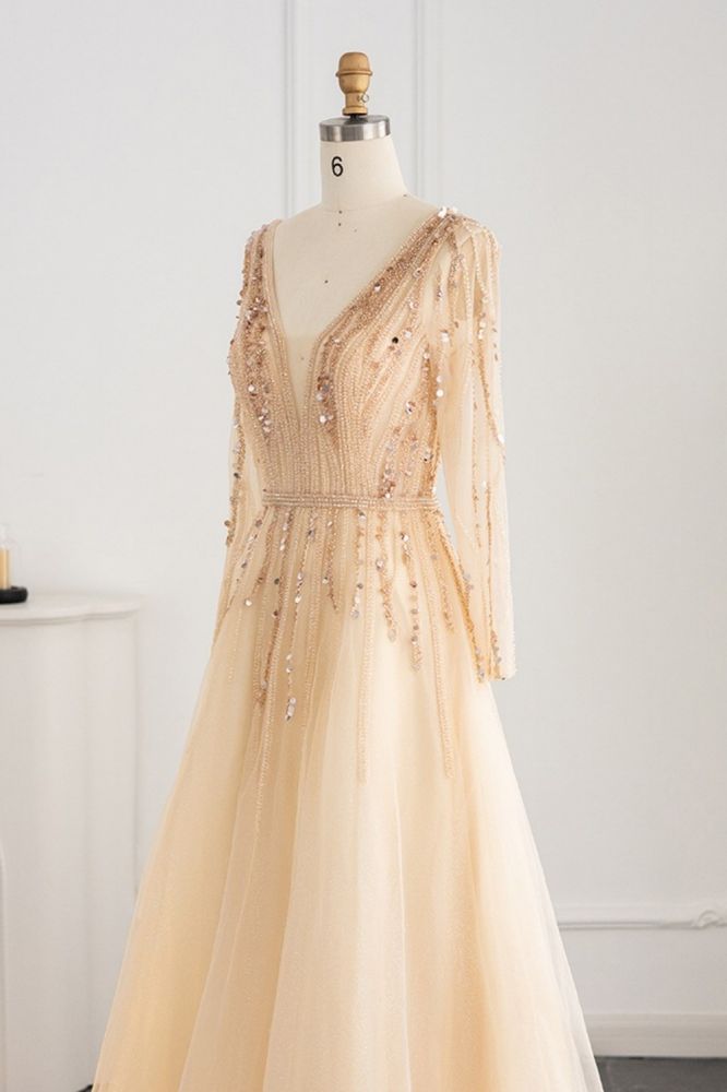 Elegant Sequins Beading A-line Eveing Party Dress V-neck Long Sleeves Tulle Party Gown