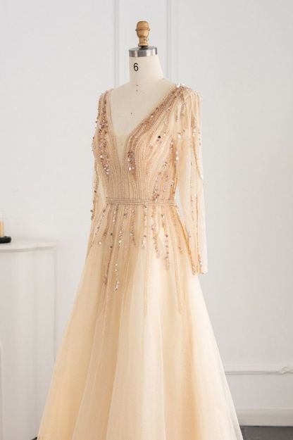Elegant Sequins Beading A-line Eveing Party Dress V-neck Long Sleeves Tulle Party Gown