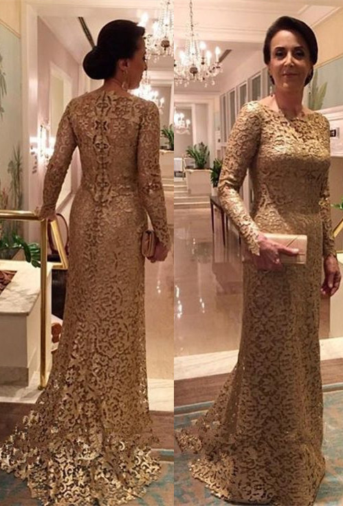 Elegant Lace Mermaid Long Sleeve Jewel Floor-length Mother Of Bride Dress