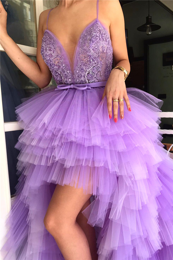 Sexy Hi-Lo Deep V Neck Sleeveless Prom Dress | Spaghgtti Straps Appliques Prom Dress