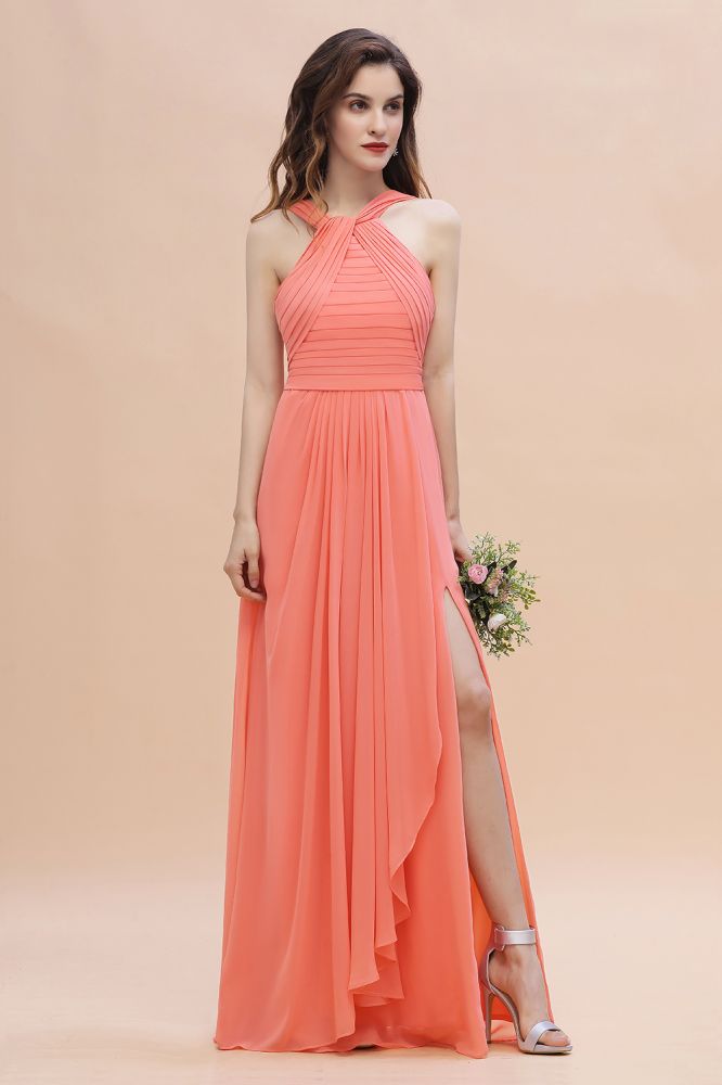 Cross Neck Chiffon Long Bridesmaid Dress Coral Beach Wedding Guest Dress