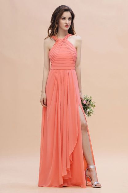 Cross Neck Chiffon Long Bridesmaid Dress Coral Beach Wedding Guest Dress