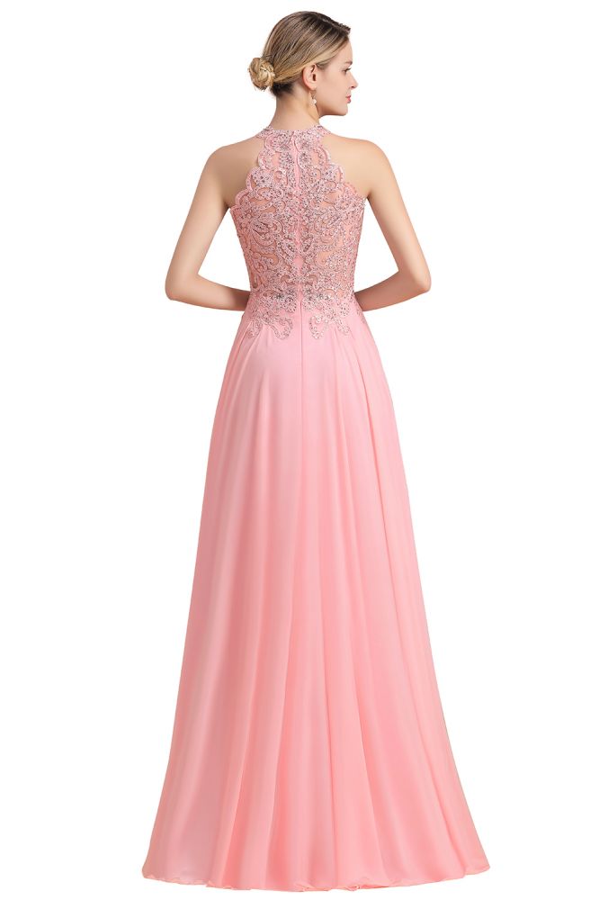 Modest Pink Pears Beaded A-line Halter Bridesmaid Dresses