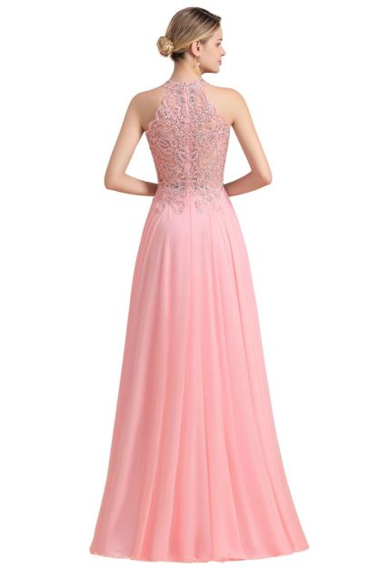 Modest Pink Pears Beaded A-line Halter Bridesmaid Dresses