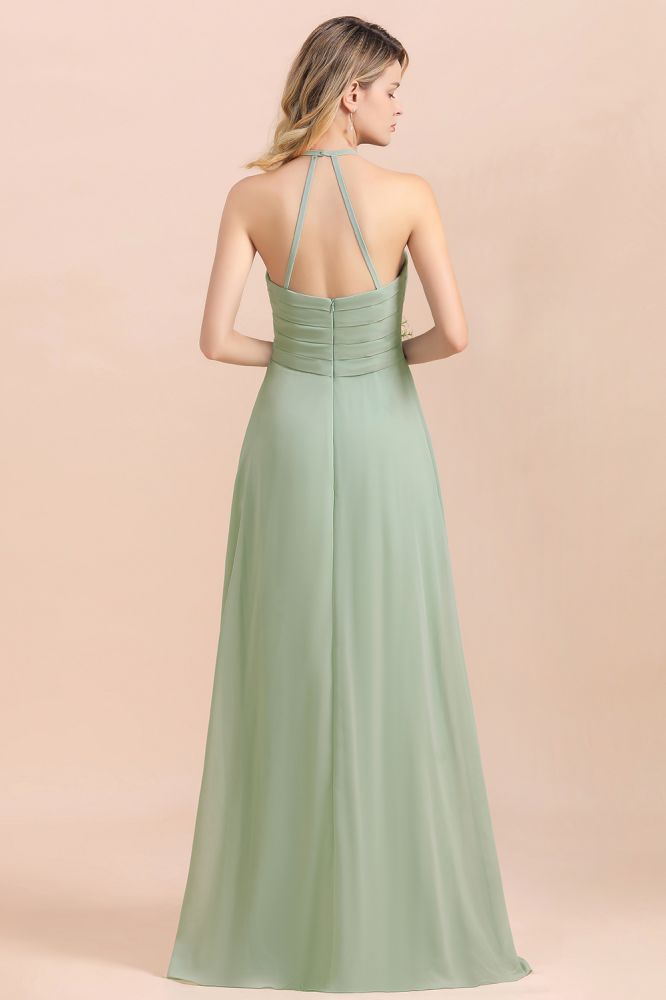 Chic halter Sage Color Aline Bridesmaid Dress Sweetheart Chiffon Long Wedding Guest Dress