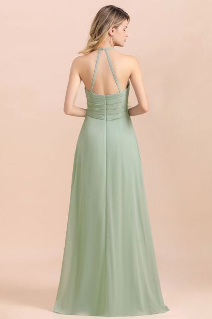 Chic halter Sage Color Aline Bridesmaid Dress Sweetheart Chiffon Long Wedding Guest Dress