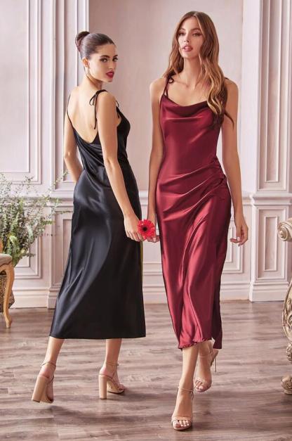 Sexy Satin Ankle Length Prom Dress Sleeveless Side Slit Bridesmaid Dress with Spaghetti Straps